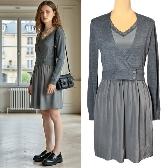 Vintage Babydoll Dress Sz.M Gray  Office Siren Career Work Twee Minimalist - Picture 1 of 13